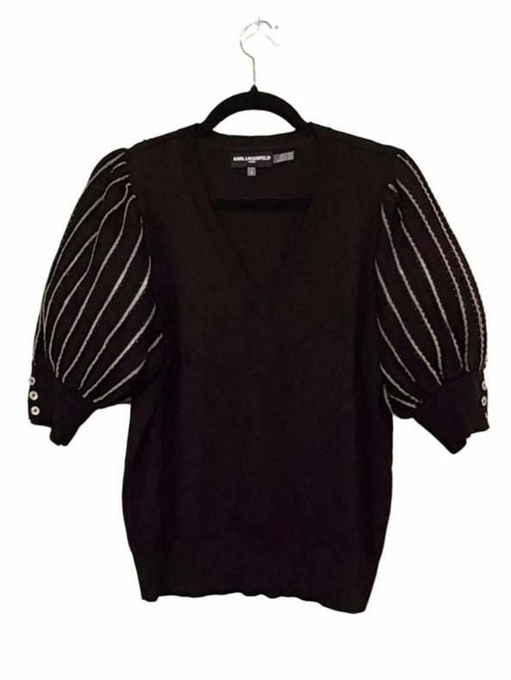Karl Lagerfeld Paris Black Sweater - Striped Puff Sleeves and Crystal Buttons